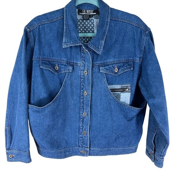 SK Wear Petite Patchwork Denim Jacket Blue Western Grunge Zip Pocket Size Small - Picture 1 of 8